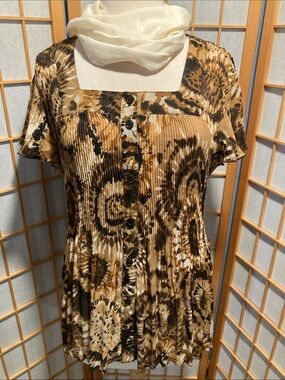 Cato Brown and Cream Pleated Button-Front Blouse (G29)